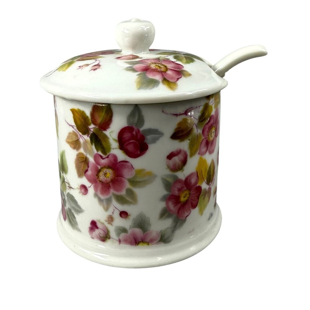 Vintage Floral Ceramic Sugar Bowl With Lid & Spoon Pink & Green Rose Pattern